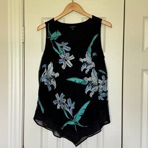Alfani Size S Black Flowing Top Layered Mesh Embroidered Flowers Asymmetric Hem